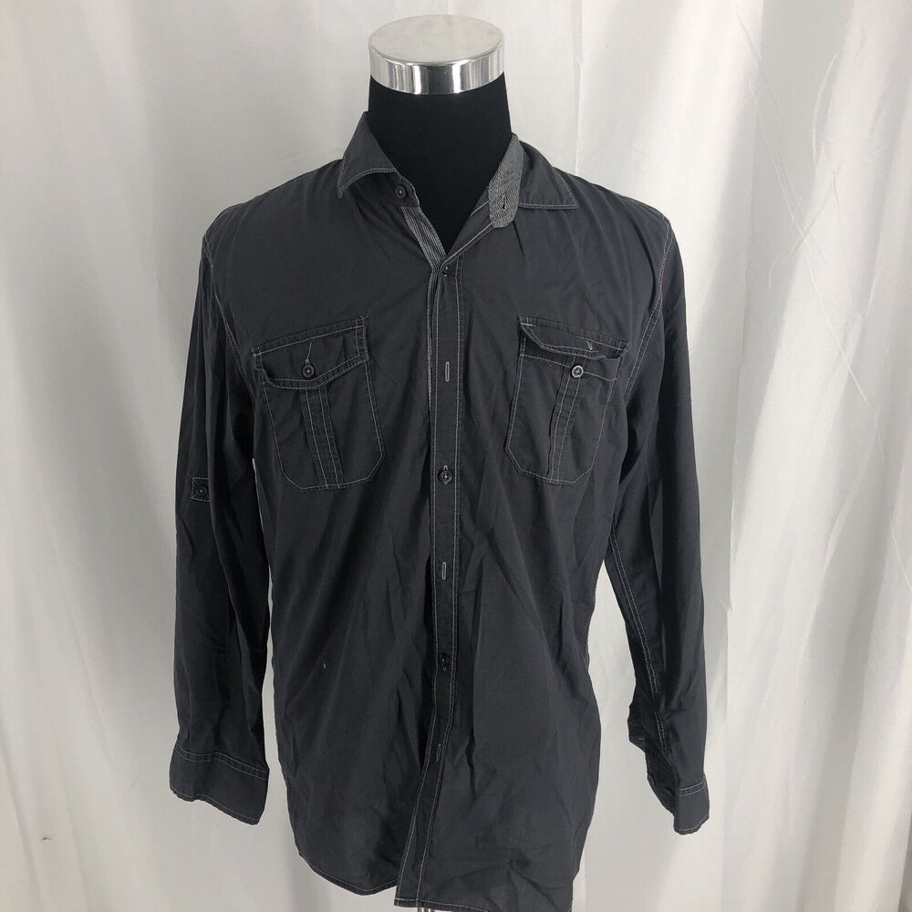 Michael Brandon Button Up Shirt Mens Large Gray Cotton Adult Casual